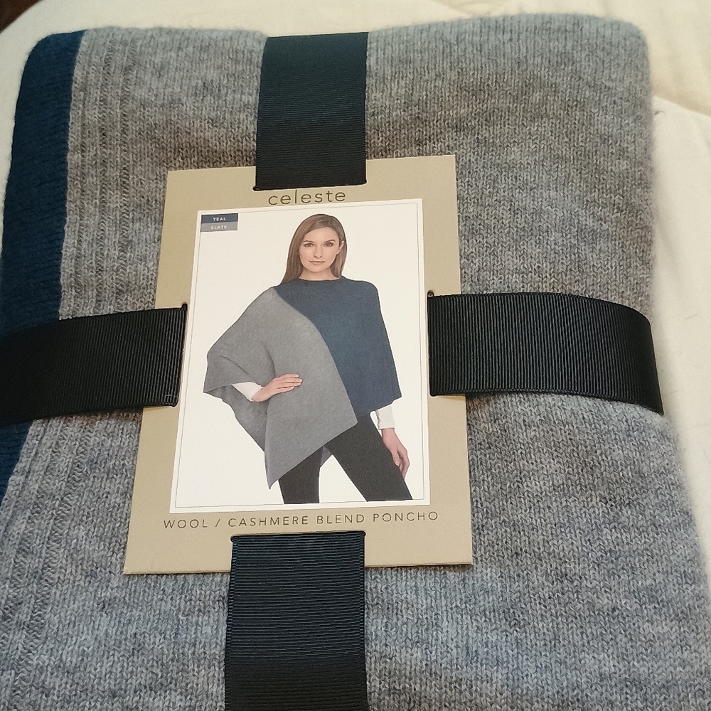Celeste‎ Wool Cashmere Blend Poncho Colorblock Teal Slate NWT